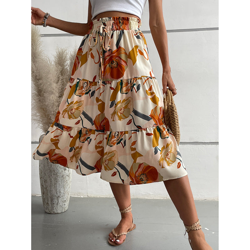 Floral Tiered Midi Skirt With Elastic Waist For Boho Charm-Theone Apparel