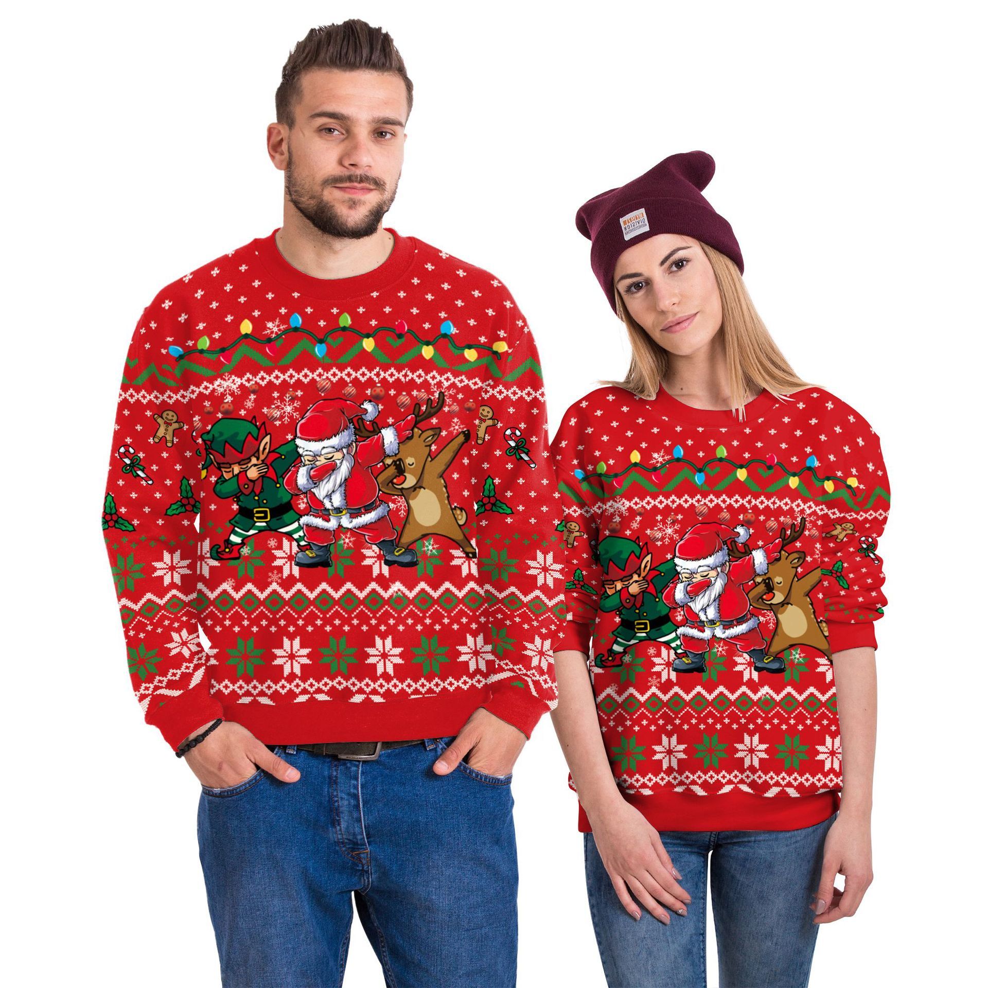 Funny Christmas Party Sweater with Reindeer, Elf and Santa Dabbing-Theone Apparel