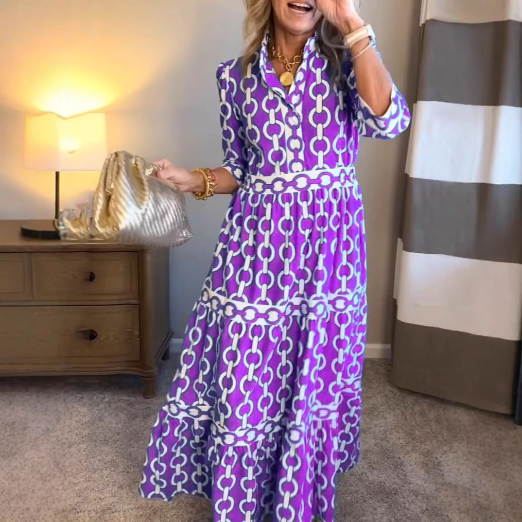 apparel maxi purple dress Geometric Print Maxi Dress with Round Neck for Spring & Summer