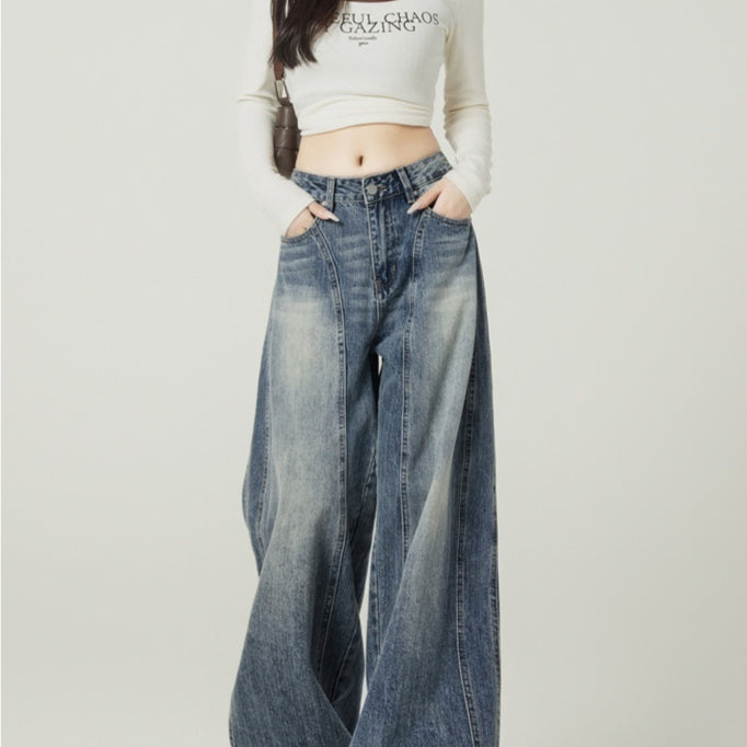 High Street Retro Blue Wide-Leg Jeans for Women-Theone Apparel