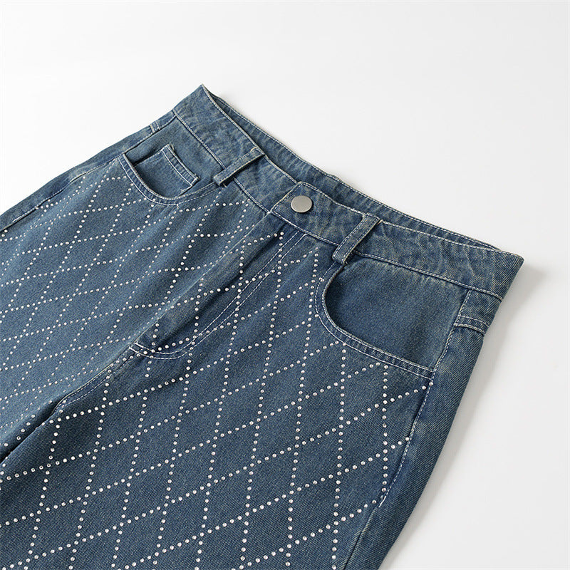 High-Waist Fashion Jeans with Diamond Patterned Accents-Theone Apparel