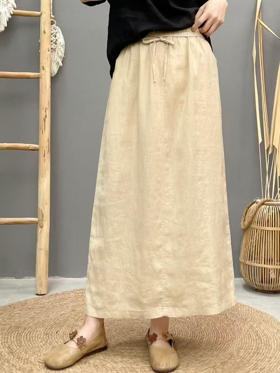 Lace Up Linen High Waist Skirt With Back Slit-Apricot-Theone Apparel