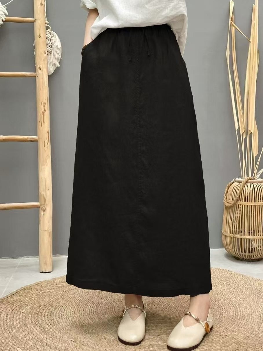 Lace Up Linen High Waist Skirt With Back Slit-Black-Theone Apparel