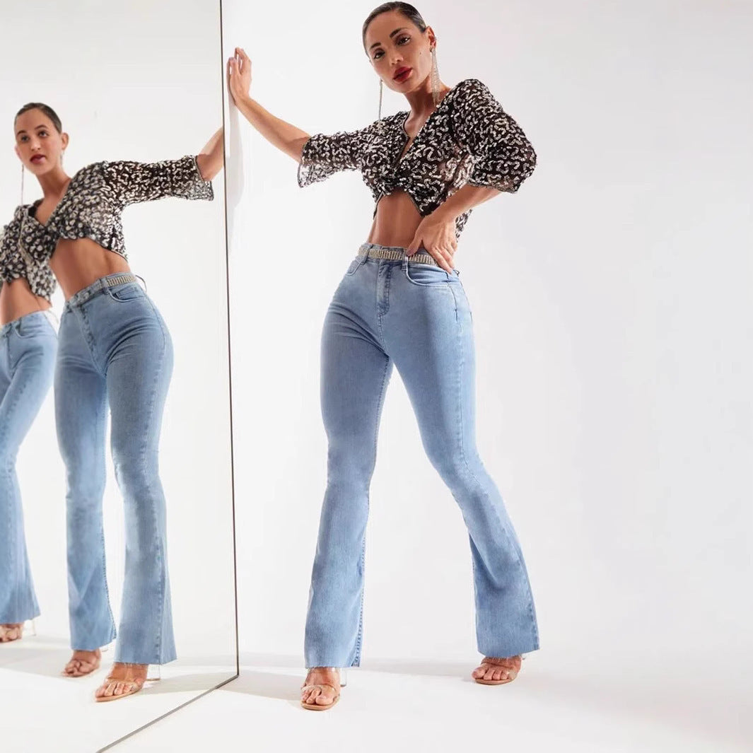 Light Color Slim-Fit Stretch Bell-Bottom Pants-Theone Apparel