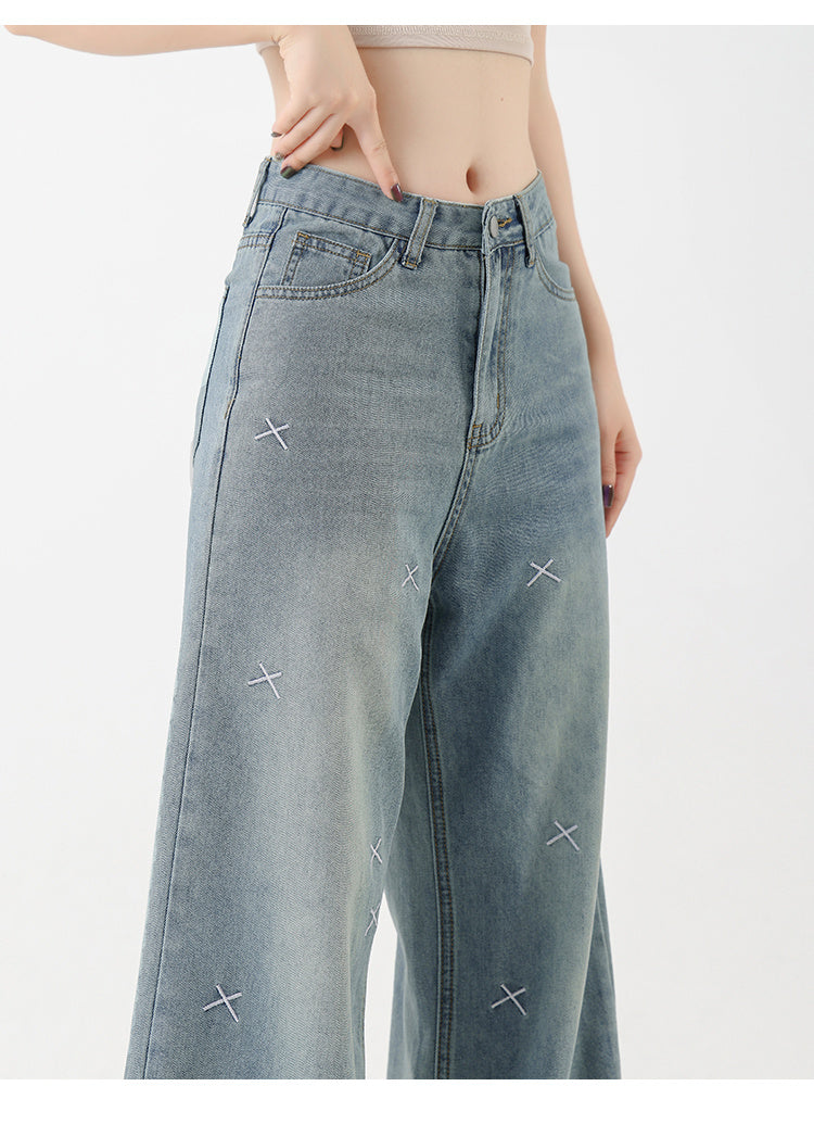 Light Tencel Embroidered Wide-Leg Jeans for Women-Theone Apparel