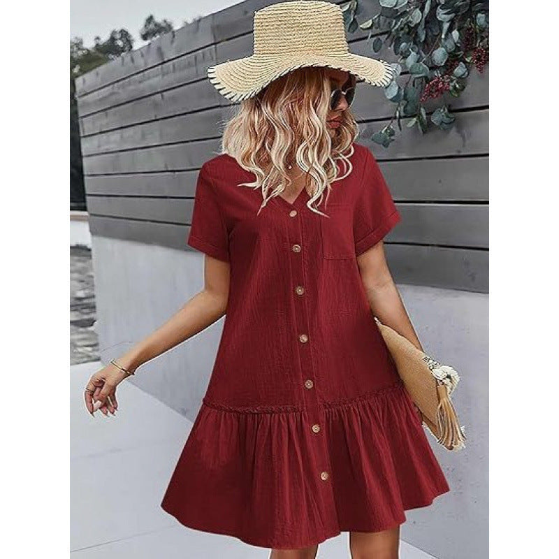 Loose Cotton-Linen Summer Dress for Breezy Casual Comfort-Wine Red-Theone Apparel