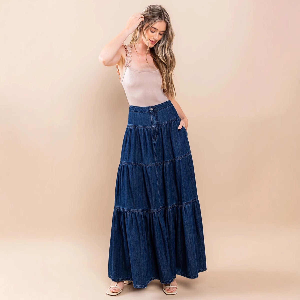 Low Waist Distressed Denim Skirt For Laid Back Vacations-Dark Blue-Theone Apparel