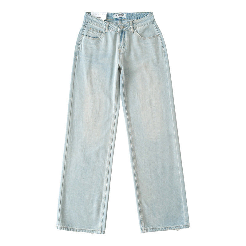 Low Waist Straight Loose Denim Mop Trousers-Light Blue-Theone Apparel