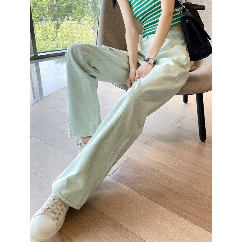 Mint Green Ripped Wide-Leg Jeans for Summer Cool-Theone Apparel