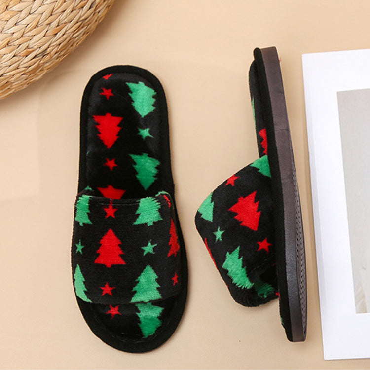 Multicolor Christmas Themed Fleece Open Toed House Shoes-Theone Apparel