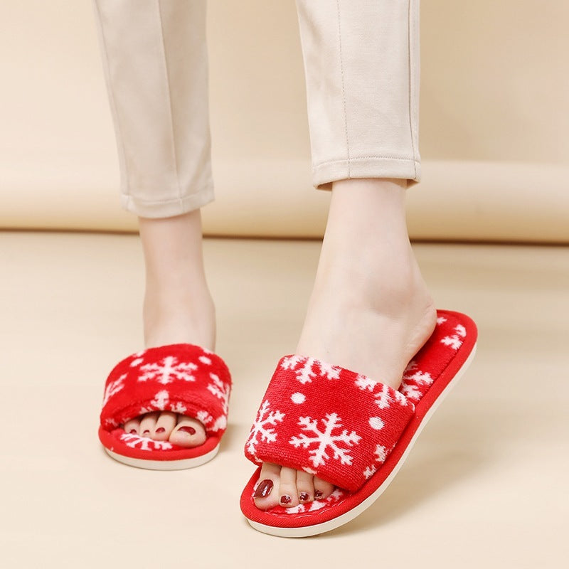 Multicolor Christmas Themed Fleece Open Toed House Shoes-Snowflake-Theone Apparel
