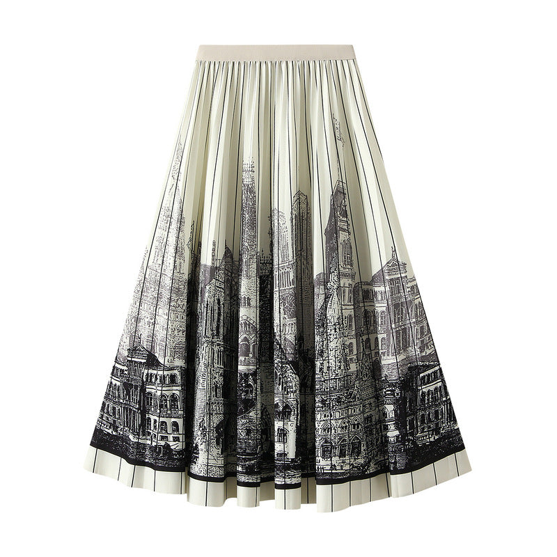 Old Town Vintage Print Skirt-White/Black-Theone Apparel