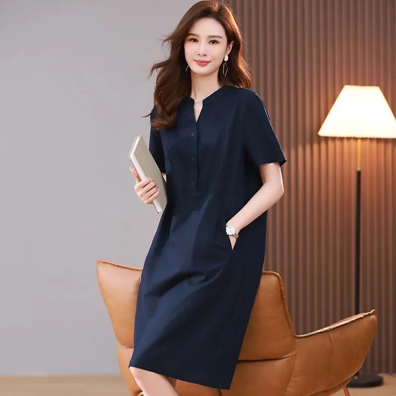 Oversized Mid-Length Summer Dress with Belly Coverage-Navy Blue-Theone Apparel