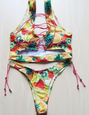 Pineapple Lace-Up Thong Bikini Set for Full-Busted Beach Confidence-Theone Apparel