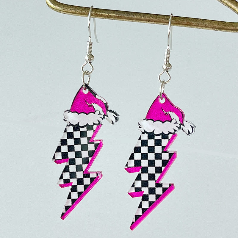 Pink & Checkerboard Retro 1980s-Style Christmas Acrylic Dangle Earrings in Assorted Styles-Style 3-Theone Apparel