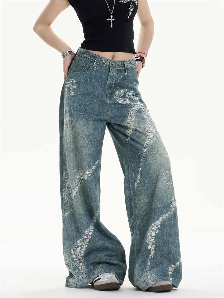 Playful Bowknot Print Wide-Leg Jeans with Feminine Twist-Theone Apparel