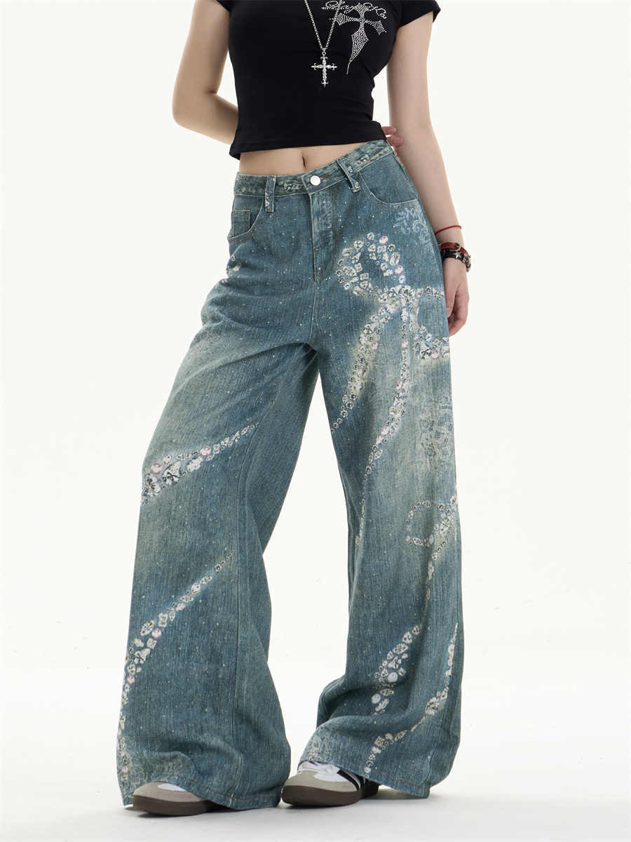 Playful Bowknot Print Wide-Leg Jeans with Feminine Twist-Theone Apparel