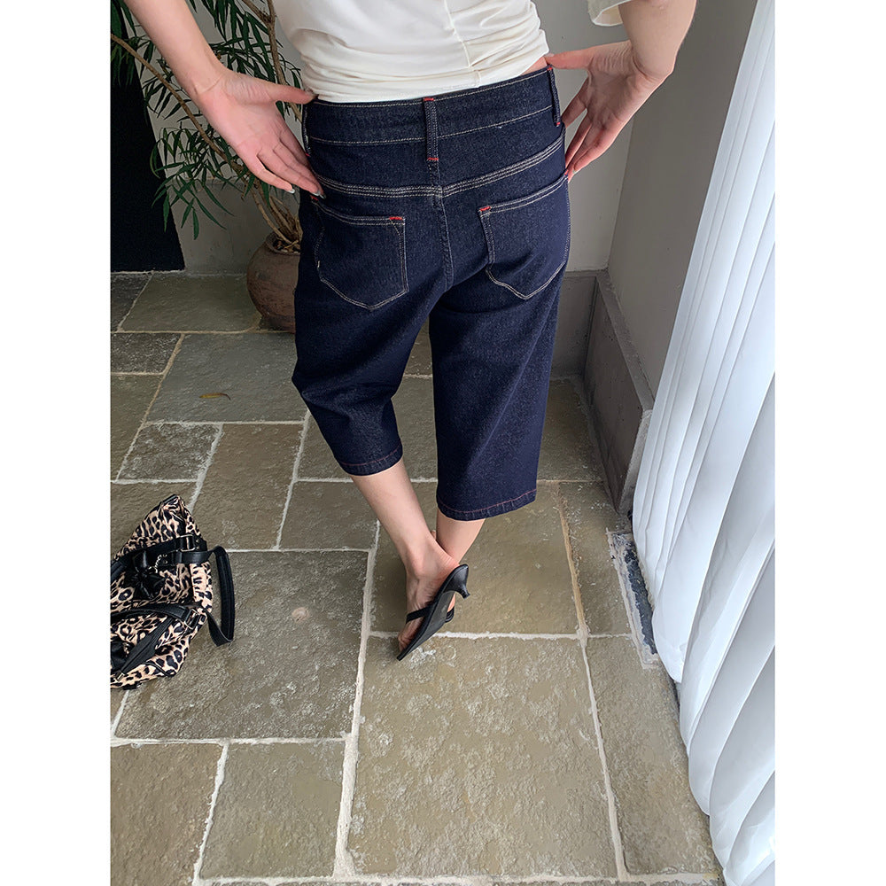 Red Stitch Straight-Leg Denim Pants for Spring Layering-Theone Apparel