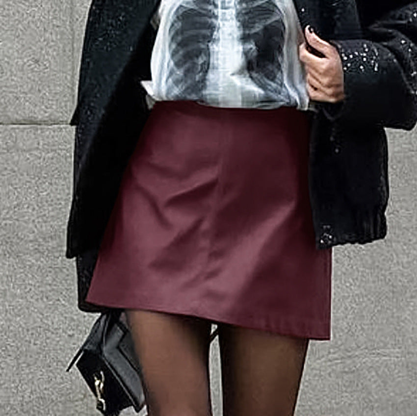 Retro Wine Red Matte Leather Skirt For Bold Elegance-Wine Red-Theone Apparel