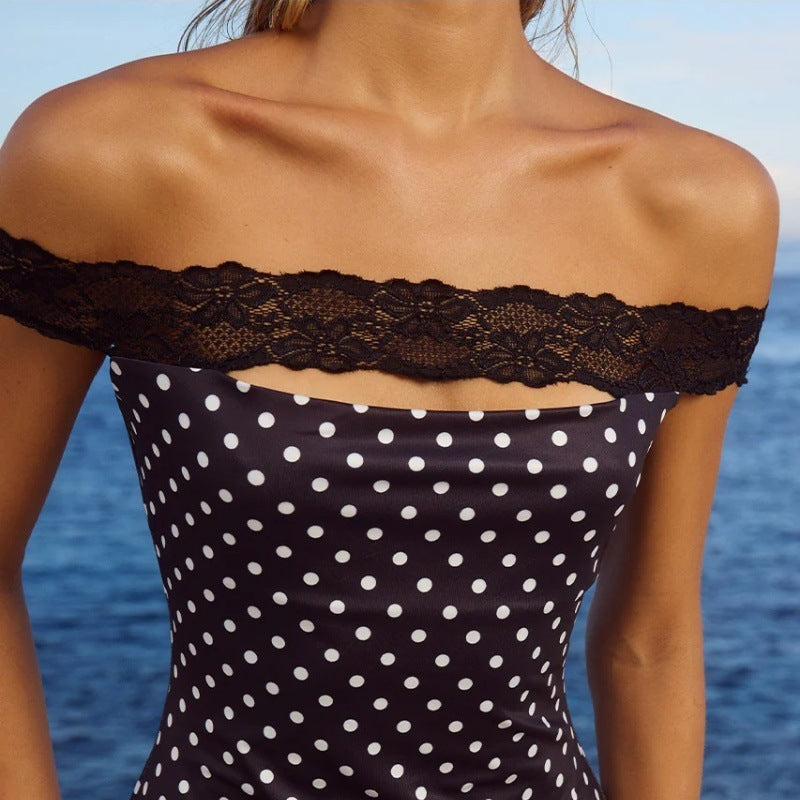 Sexy Off-Shoulder Pure Lace Slim-Fit Dot Dress for Nights-Theone Apparel