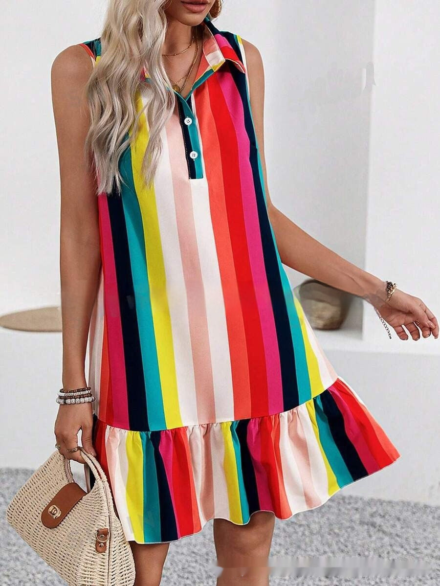 Sleeveless Shirt Dress with Button Detail and Classic Collar-Red/Pink-Theone Apparel