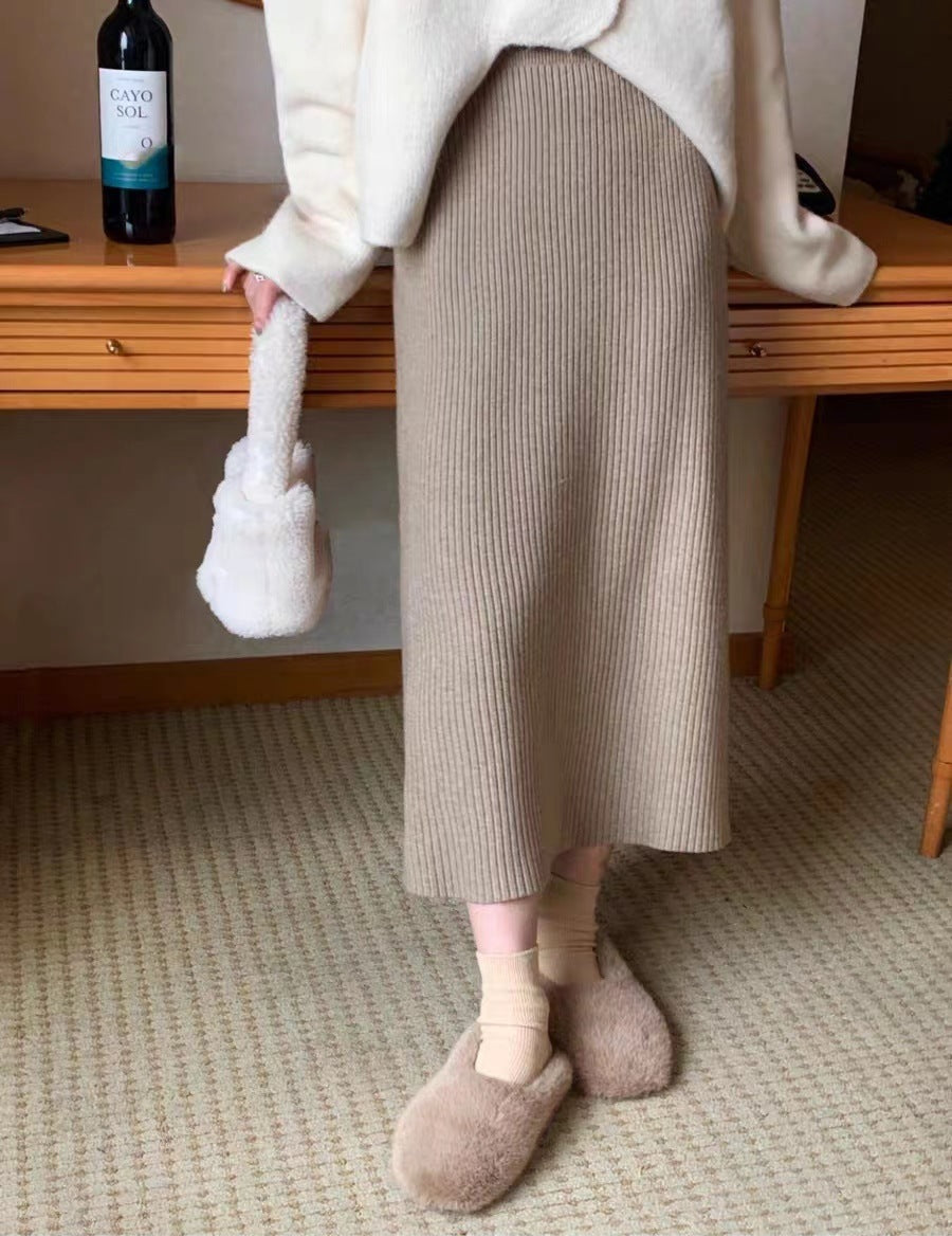 Solid Color Knitted Skirt For Effortless Everyday Style-Khaki-Theone Apparel