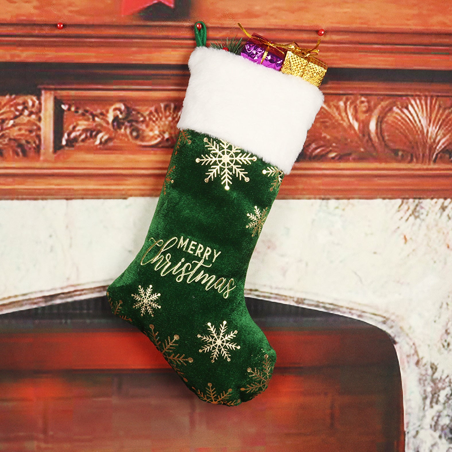 Sophisticated Christmas Stocking with Velvety Material and Soft Cuff-Green Gilding Socks-Theone Apparel