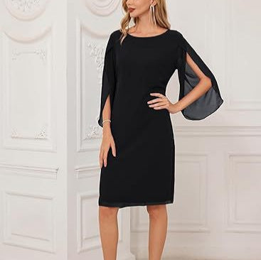 Sophisticated Irregular Sleeve Solid Chiffon Dress for Effortless Elegance-Theone Apparel