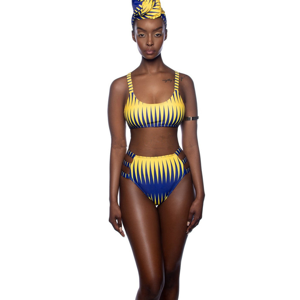 Split High-Waist Bikini for Flattering Curves and Comfort-Yellow/Blue-Theone Apparel