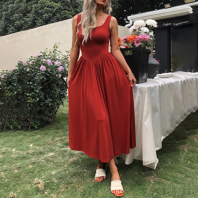 Square Collar Pleated Dress with Modern Sling Silhouette-Theone Apparel