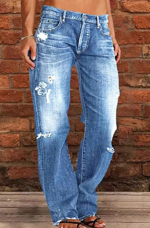 Unisex Loose Straight-Leg Ripped Denim Jeans for All Genders-Blue-Theone Apparel