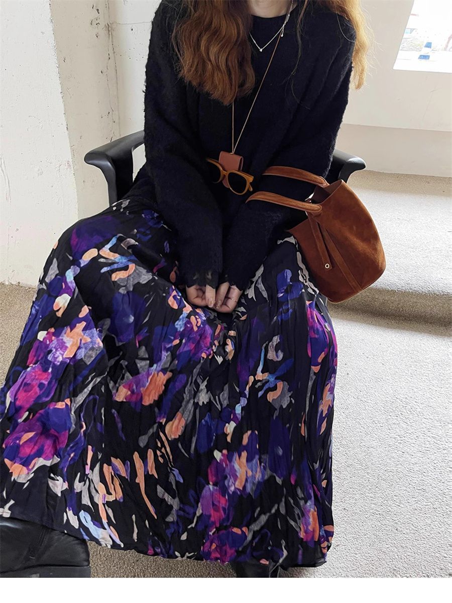 Vintage Crumpled Floral Skirt For Unique Everyday Style-Theone Apparel