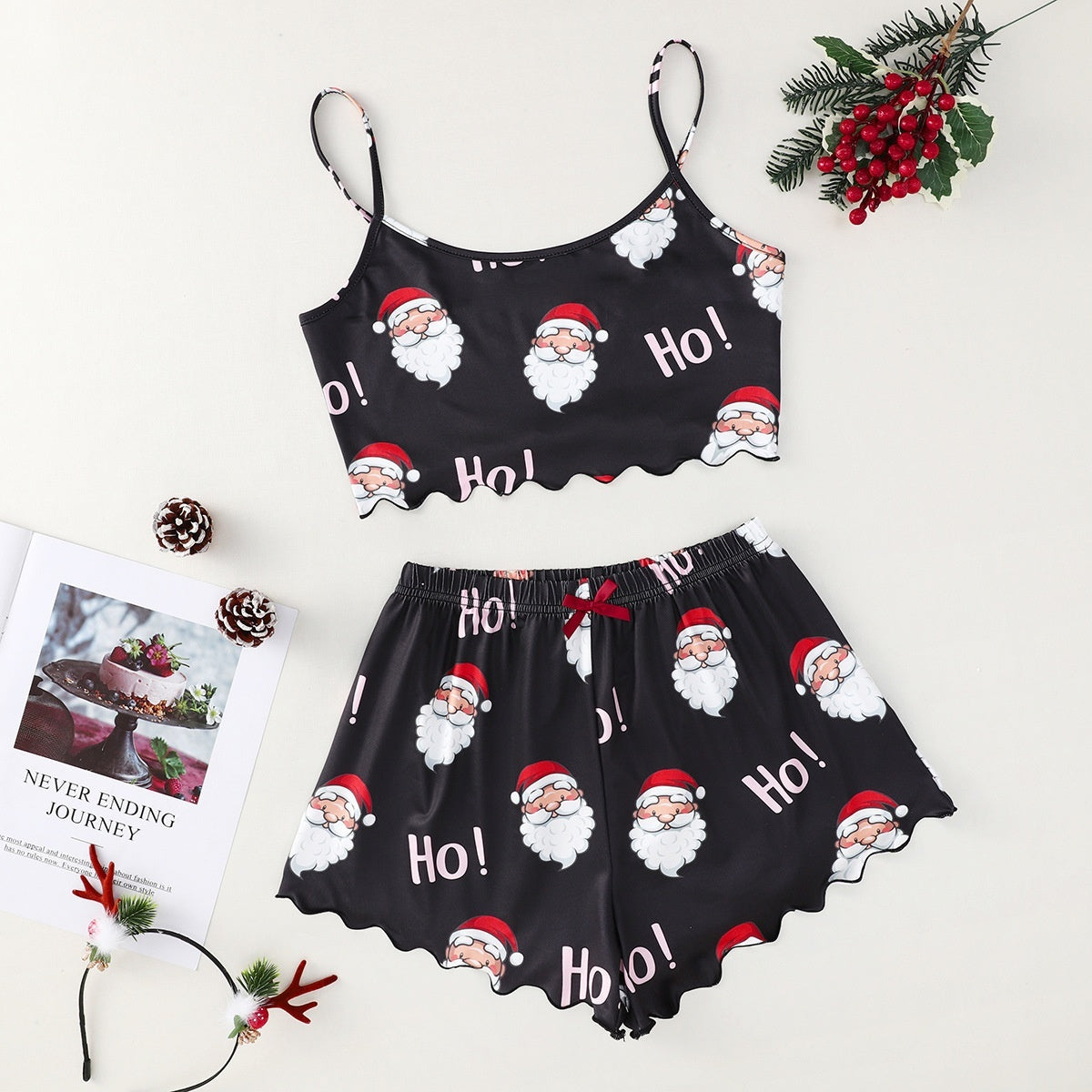Women's Adorable Two Piece Christmas Pajama Crop Top and Shorts Set-White Ho Santa Claus Head-Theone Apparel