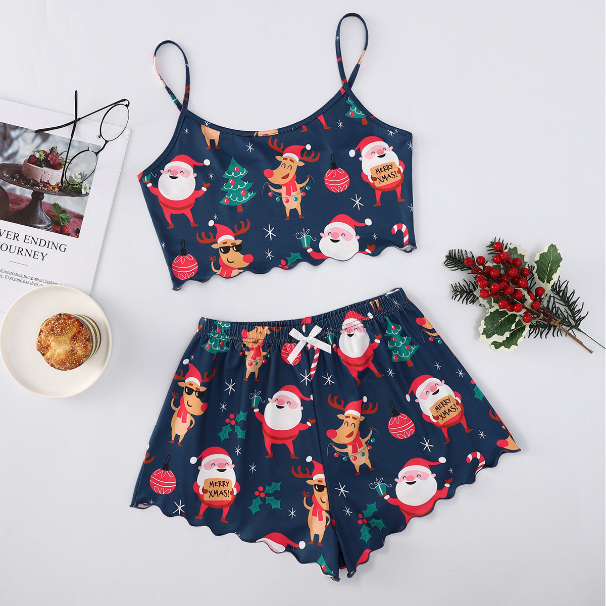 Women's Adorable Two Piece Christmas Pajama Crop Top and Shorts Set-Theone Apparel