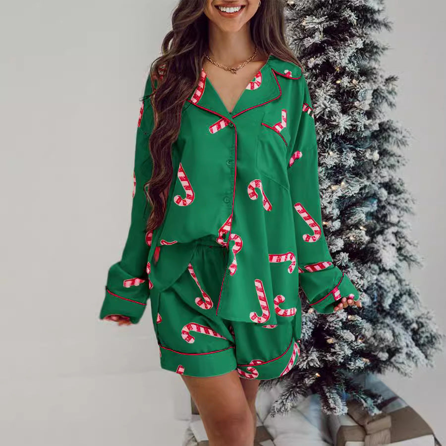 Women's Candy Cane Two Piece Christmas Pajama Set in Pink and Green-Theone Apparel