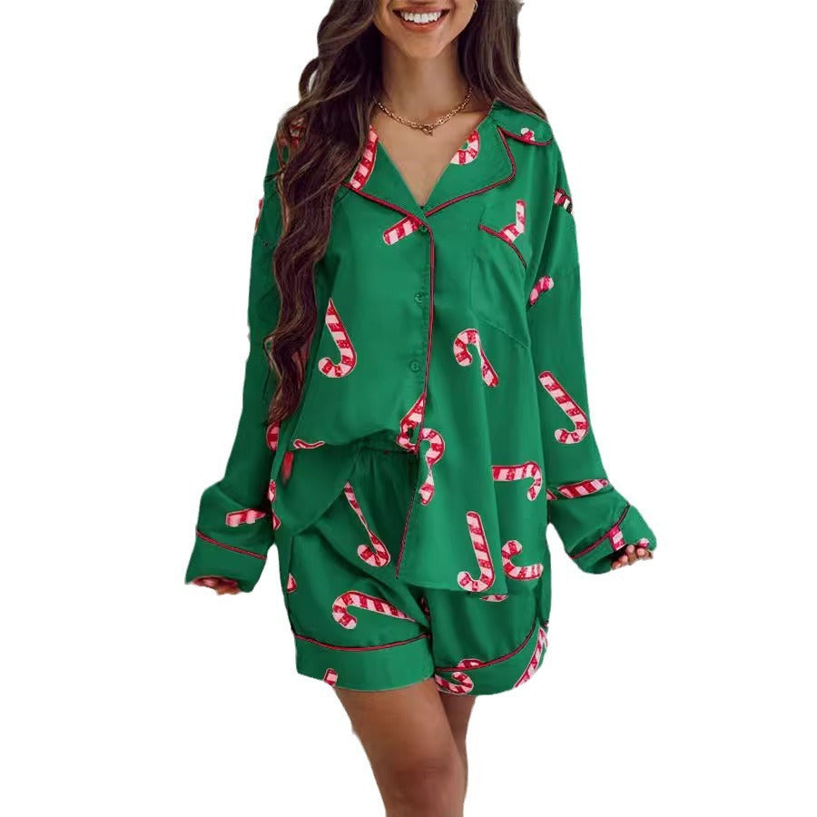 Women's Candy Cane Two Piece Christmas Pajama Set in Pink and Green-Theone Apparel