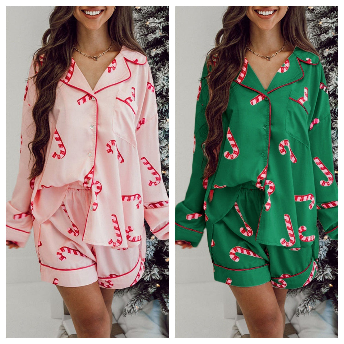 Women's Candy Cane Two Piece Christmas Pajama Set in Pink and Green-Theone Apparel
