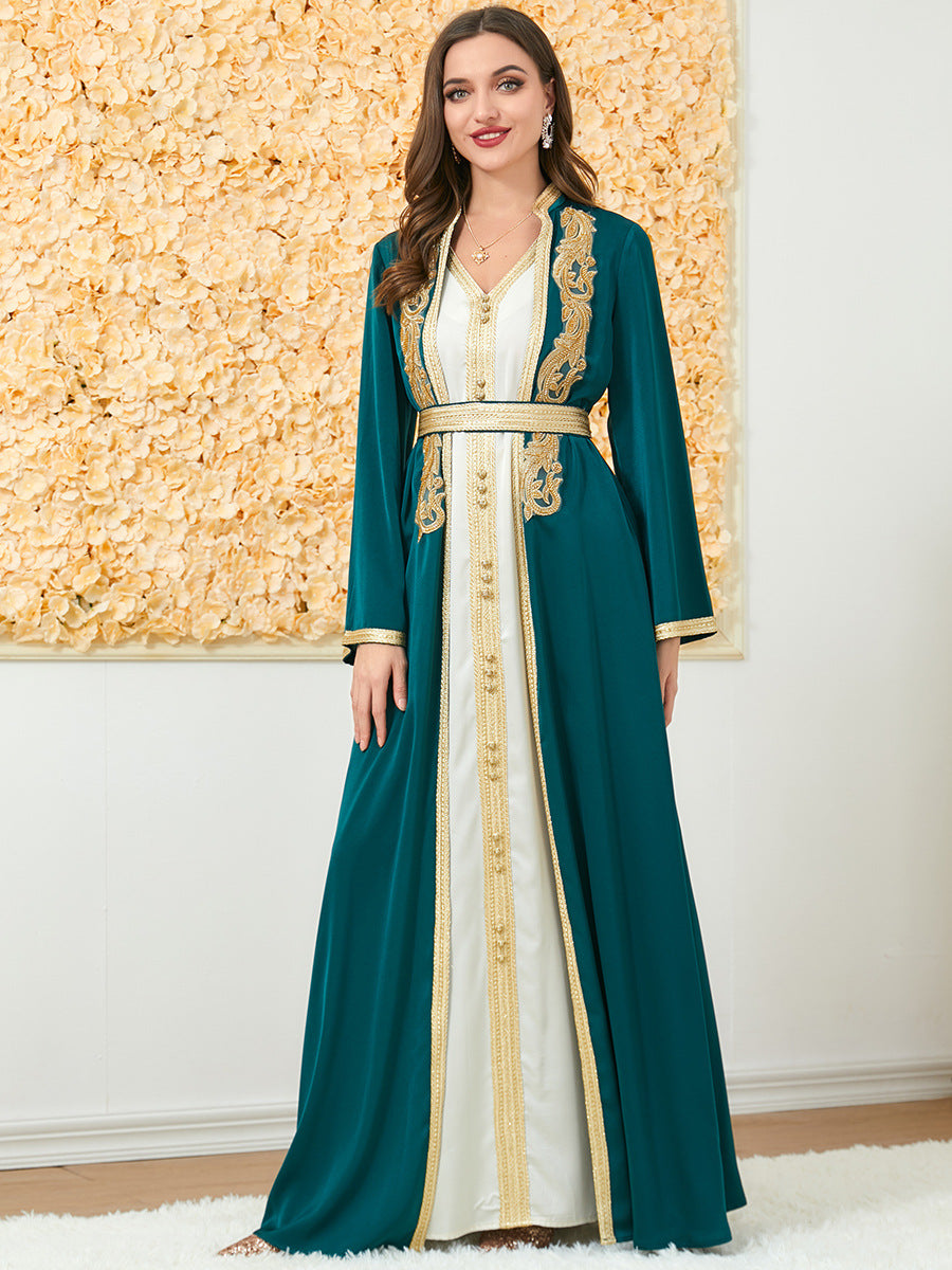 Women's Cream Maxi Dress with Navy Blue Robe, Navy Blue / M