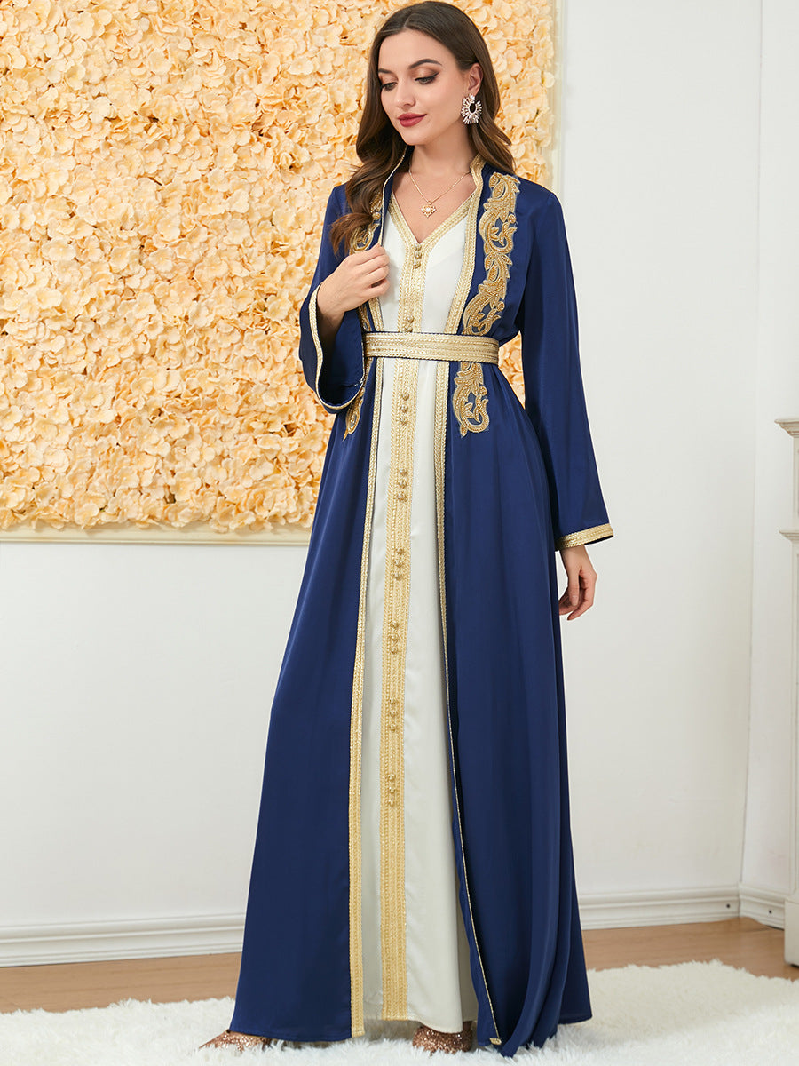 Women's Cream Maxi Dress with Navy Blue Robe