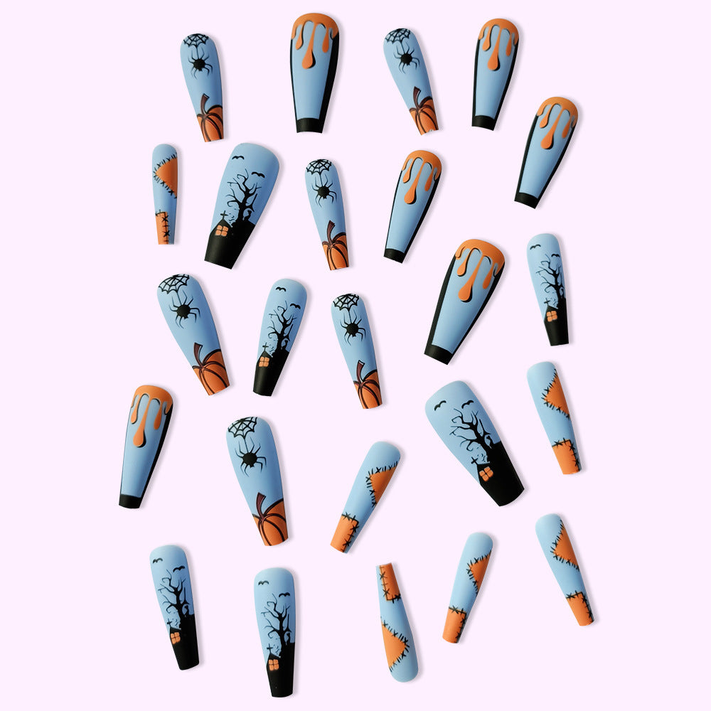 Women's Long Halloween Themed Coffin Nail Set in Blue and Orange-Theone Apparel