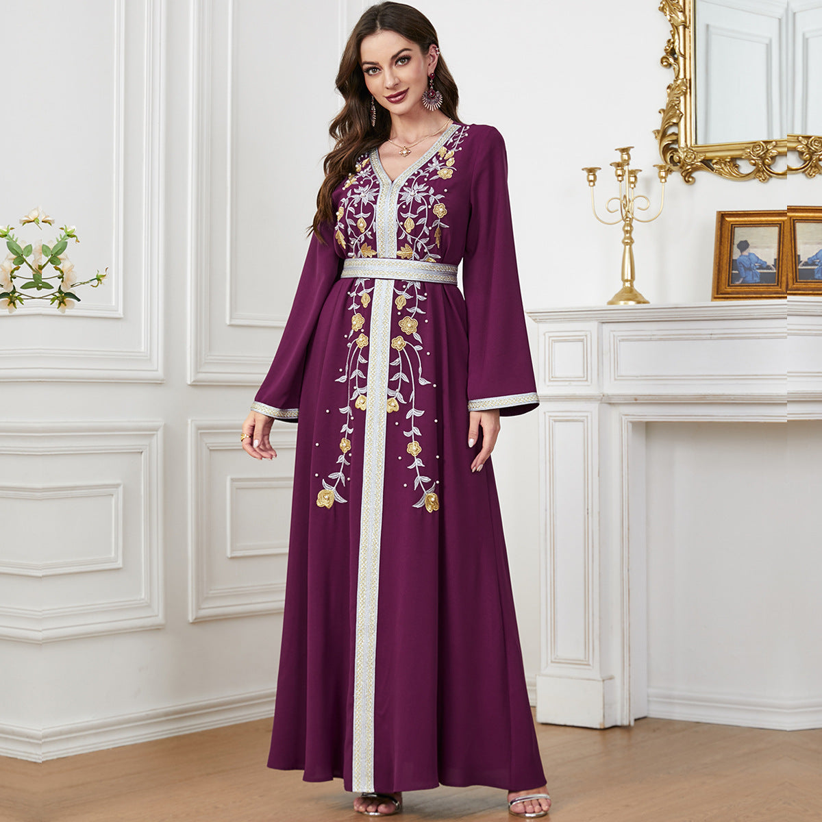Women's Long Sleeve Botanical Print Maxi Dress