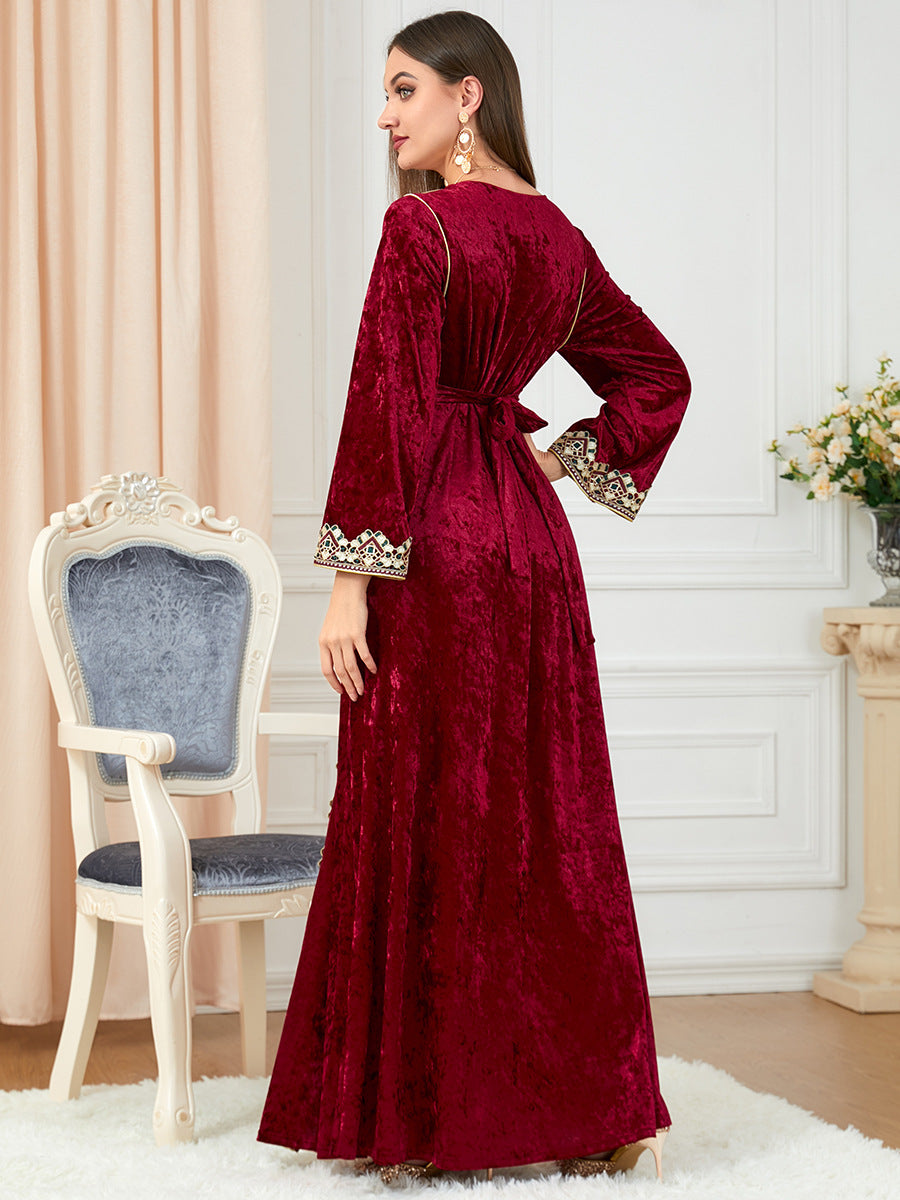 fitted lace wedding dress Women's Long Sleeve Deep Red Velvet Maxi Dress