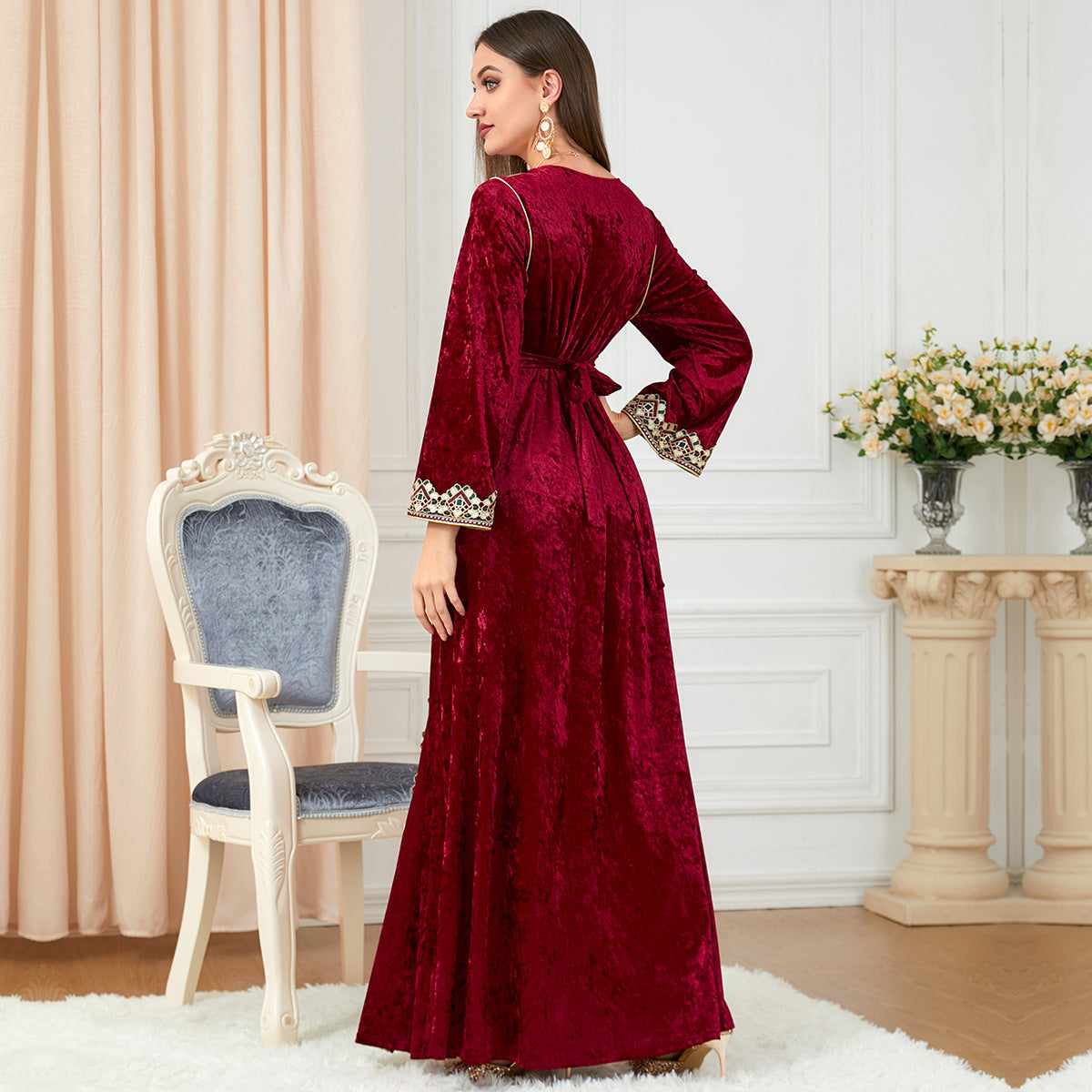 Women's Long Sleeve Deep Red Velvet Maxi Dress