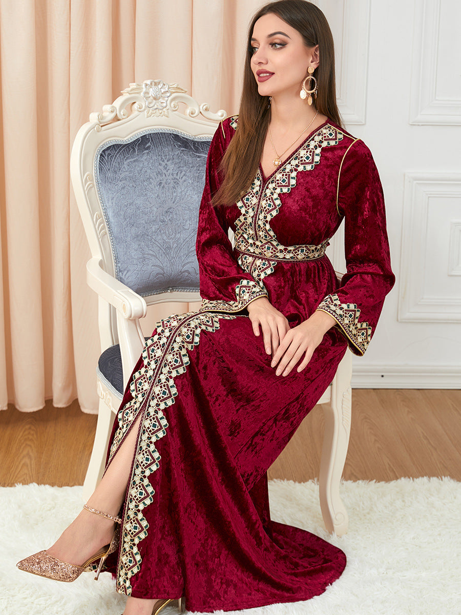 Women's Long Sleeve Deep Red Velvet Maxi Dress