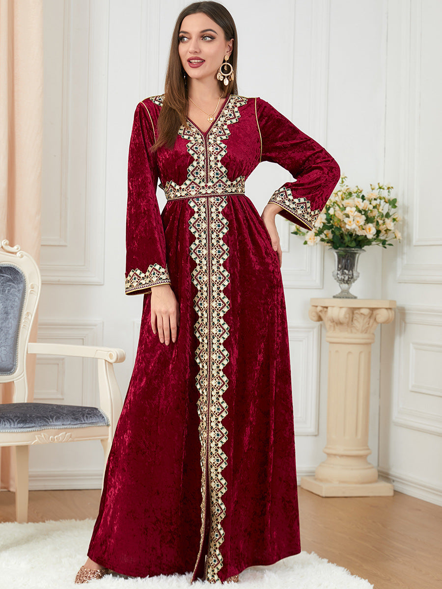 Women's Long Sleeve Deep Red Velvet Maxi Dress