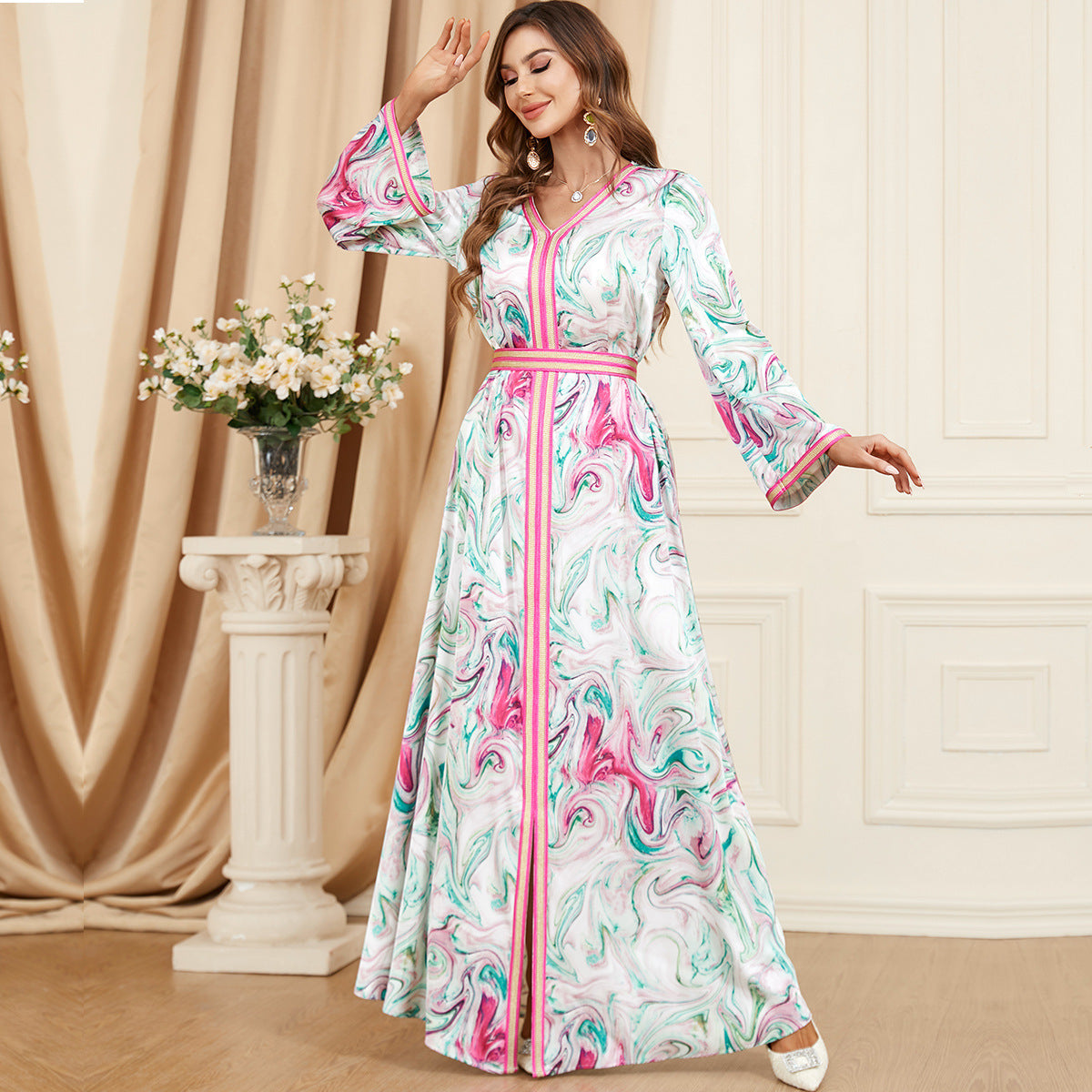 knee length dresses for ladies Estelle Long Sleeve V-Neckline Dress Swirl Print Orange/Mint main image 1