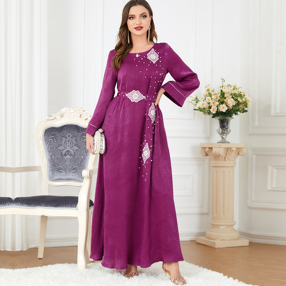 silky long dress with sleeves Women's Long Sleeve Silky Flowy Maxi Dress