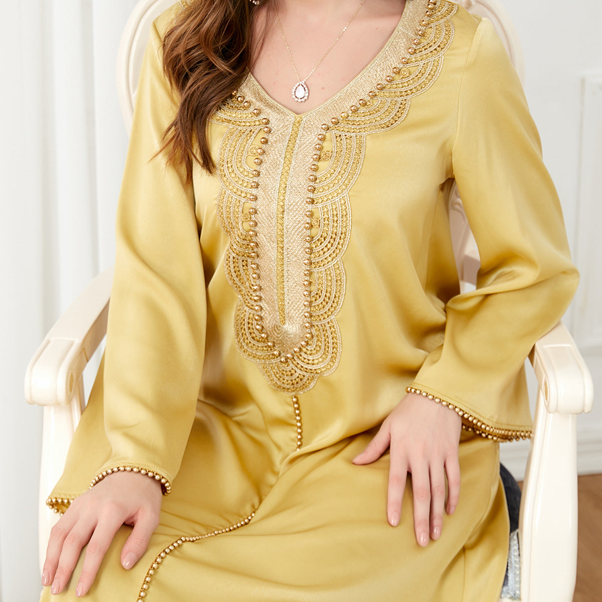 Women's Long Sleeve Silky Gold Maxi Dress