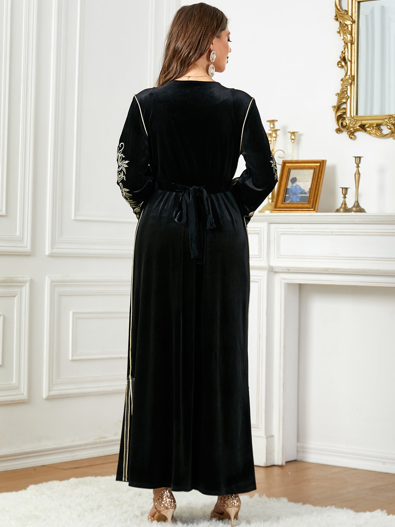 Women's Long Sleeve Velvet Maxi Dress with Gold Detailing, Navy Blue / S