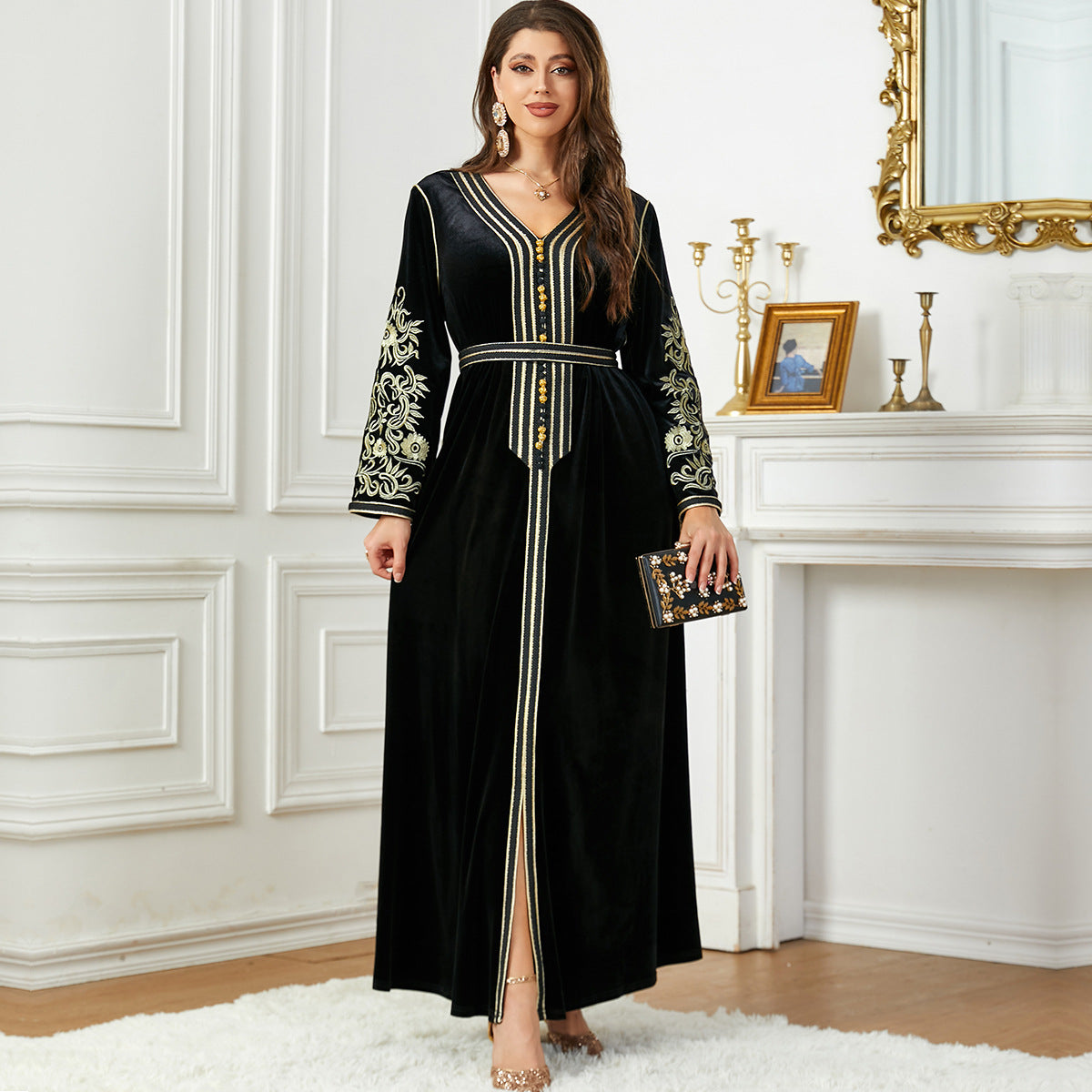 Women's Long Sleeve Velvet Maxi Dress with Gold Detailing